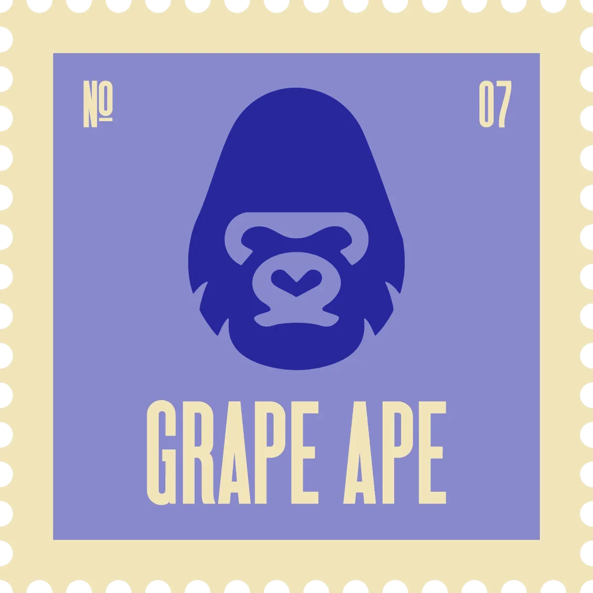 Grape Ape stamp, No. 07 in the Official Cannabis collection: a gorilla face on lavender